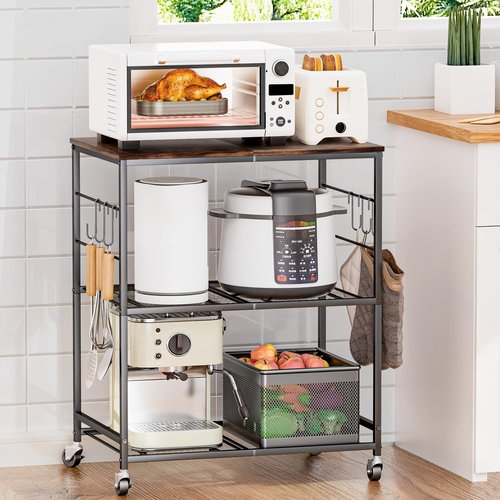 Abiglifty 3-Tier Rolling Kitchen Cart, Microwave Cart with Lockable Wheels, Kitchen Utility Cart, Mobile Microwave Stand with Storage for Living Room, Office, Balcony, Bathroom, Black