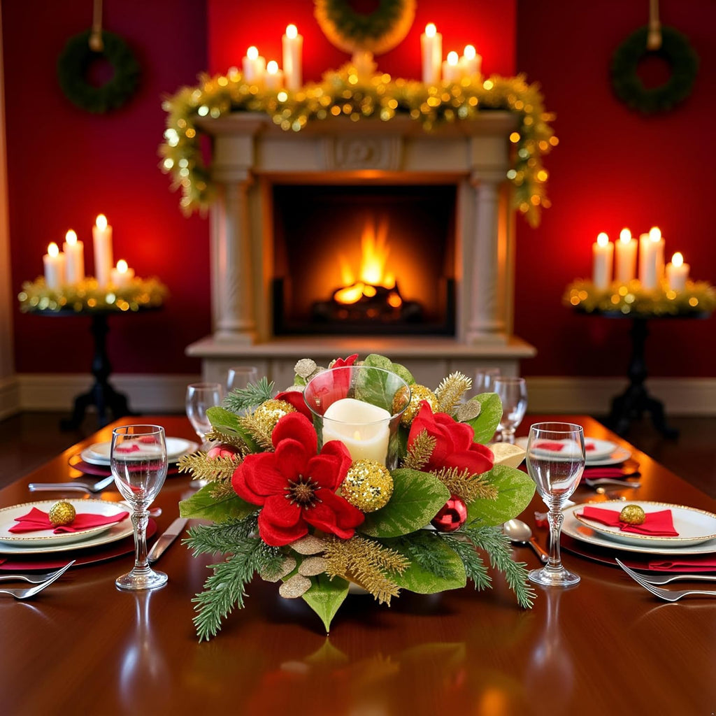 Skiennix 18" Centerpiece - Flameless LED Candle Holder with Red Magnolia & Gold Baubles for Holiday Decor