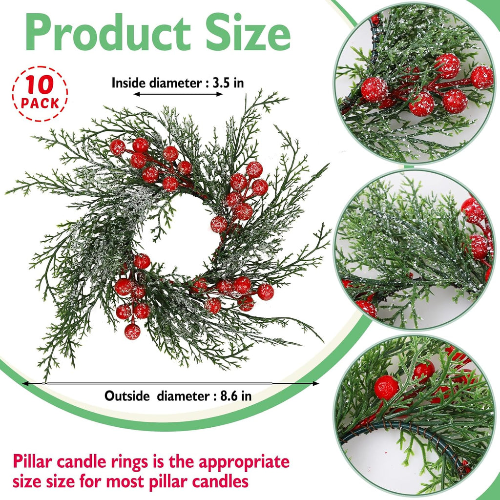 Regine Switzerland Christmas Candle Rings - 10 Pcs Artificial Wreaths with Red Berries & Snowy Pine | Festive Table Centerpiece