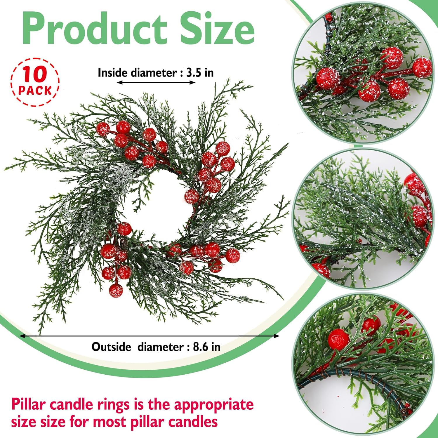 Regine Switzerland Christmas Candle Rings - 10 Pcs Artificial Wreaths with Red Berries & Snowy Pine | Festive Table Centerpiece