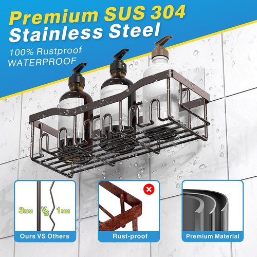 EUDELE Rustproof Stainless Steel Shower Caddy - No Drill Adhesive Organizer | XL Size, Spacious Shelves for Bathroom & Kitchen