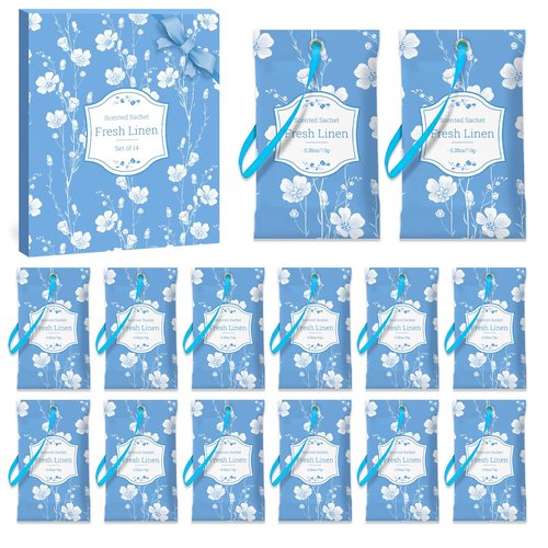 SCENTORINI Scented Sachets for Drawers and Closets, Fresh Linen Scent 14 Pack, Sachets Bags, Closet Freshener Sachet for Wardrobe, Cupboard, Luggage, Handbag, Suitcases