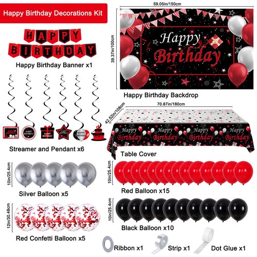 Black and Red Birthday Decorations for Men Women Boys Girls, Black and Red Party Decorations Happy Birthday Banner Backdrop Confetti Silver Balloons Arch Hanging Swirls Party Supplies Tablecloth