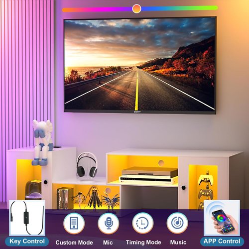 VECELO Deformable LED TV Stand with Power Outlets for 55/60/65/70 Inch Televisions, Gaming Entertainment Center with Cabinet for Living Room Bedroom, 4 AC Outlets & 2 USB-A Ports