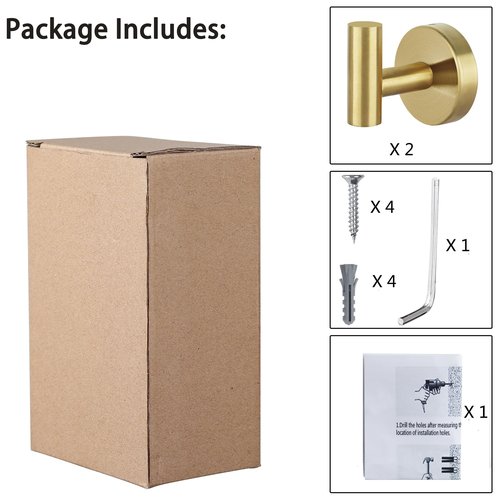 Homagic Towel Hooks for Bathroom 2 Packs Screw- in Gold Wall Mount Towel Holder Towel Rack, Heavy Duty Robe Coat Loofah Hooks for Shower, Kitchen,Hotel, Pool Tile, Brick Modern Style Decor Wall Hooks