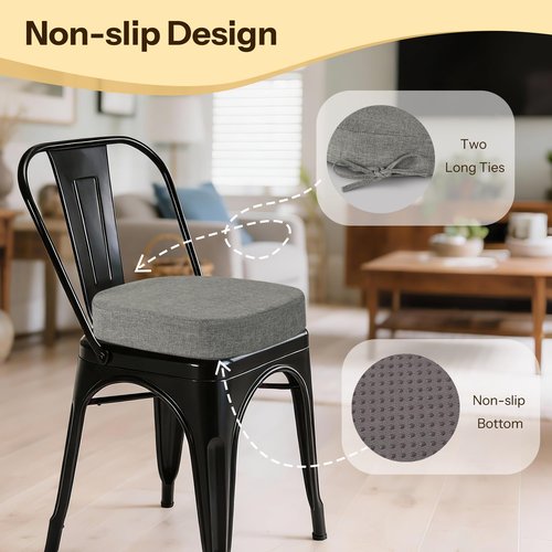 FlyGulls 2.4 Inch Thick Metal Chair Cushions 14x14 Set of 4 Non Slip Metal Dining Chair Pads with Ties and Removable Cover Seat Cushion for Cafe Kitchen Dining Room Light Grey