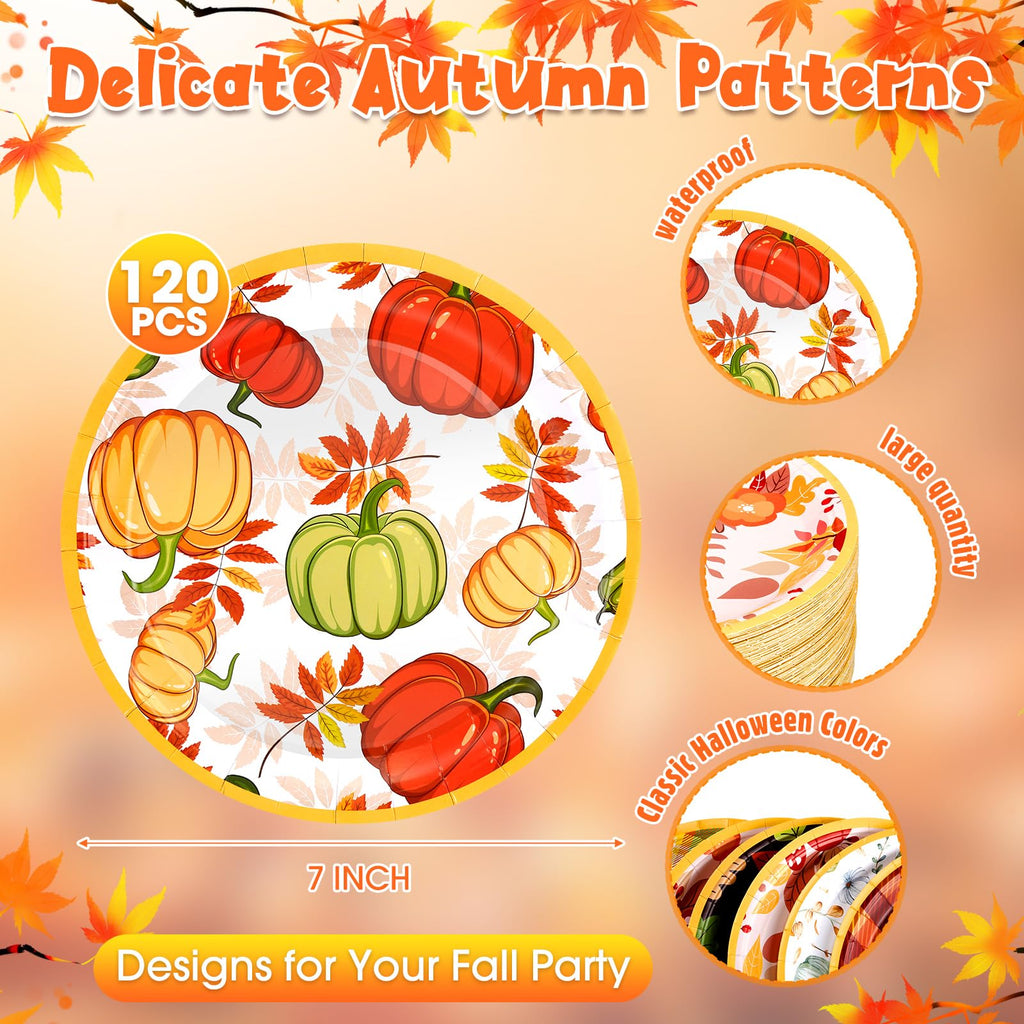 Uiifan 120 Pcs Fall Pumpkin Paper Plates Thanksgiving Dinnerware Set Maple Leaf Dessert Plates Disposable Autumn Harvest Round Dishes for Halloween Birthday Party Decoration, 6 Styles(7 Inch)