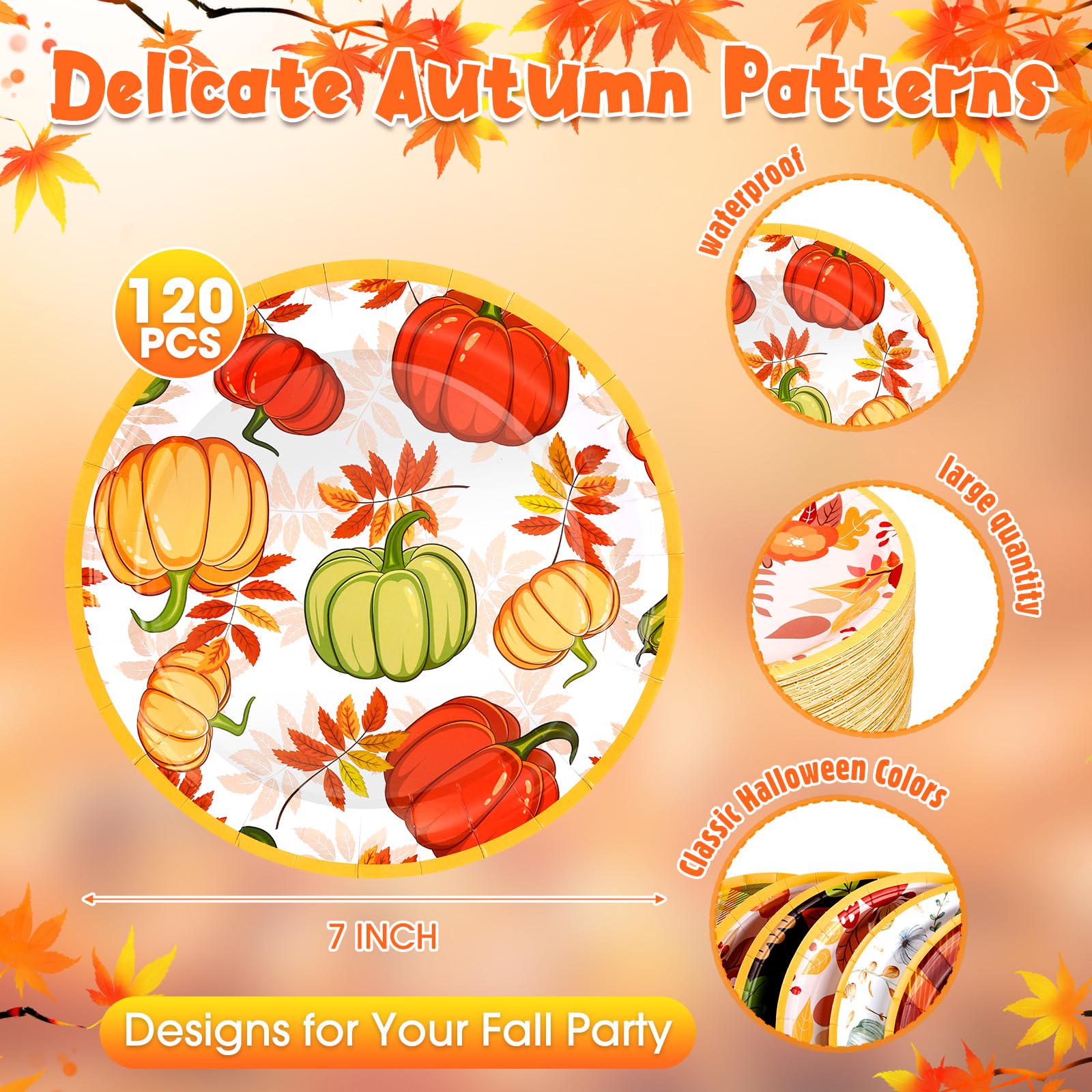 Uiifan 120 Pcs Fall Pumpkin Paper Plates Thanksgiving Dinnerware Set Maple Leaf Dessert Plates Disposable Autumn Harvest Round Dishes for Halloween Birthday Party Decoration, 6 Styles(7 Inch)