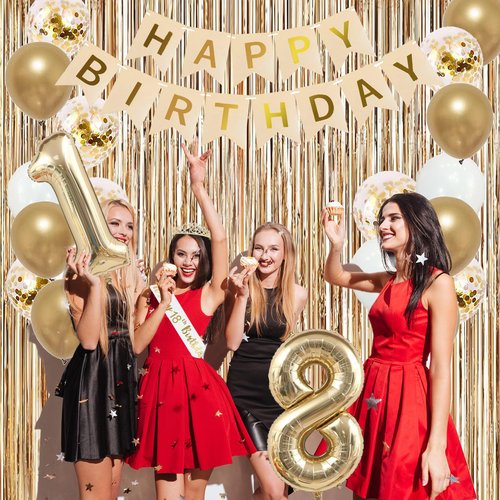 Trgowaul Happy 18th Birthday Decorations for Girls, Banner, Sash and Crown, Cake Topper, 18 Number Balloon, Fringe Curtains, Champagne Gold 18th Birthday Party Supplies
