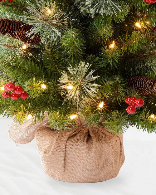 Amaoasis 3ft Pre-Lit Artificial Christmas Tree with 70 LED Lights Mini Xmas Trees, Cement Burlap Base Basin, for Home Tabletop, Green