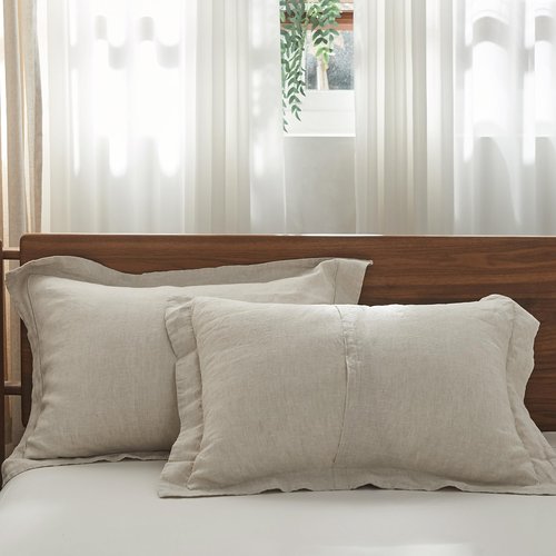 Simple&Opulence 100% French Linen Pillowcases with Embroidery – Pack of 2, Washed Solid Color Natural Flax, Soft & Breathable - Linen, 20'' x 26''