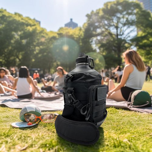 LUNCHALOT 1 Gallon Water Bottle - 128 Oz Insulated Stainless Steel Metal Water Bottle with Holder - Carrying Bag - Spout Handle - Straw Lids - Keep Cold & Hot - Black Tactical Flask