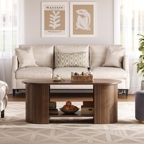 OneBlis Oval Fluted Coffee Table, 2-Tier Center Table with Large Storage, Mid-Century Modern Wood Coffees Table for Living Room, Home Office, Small Space, Walnut