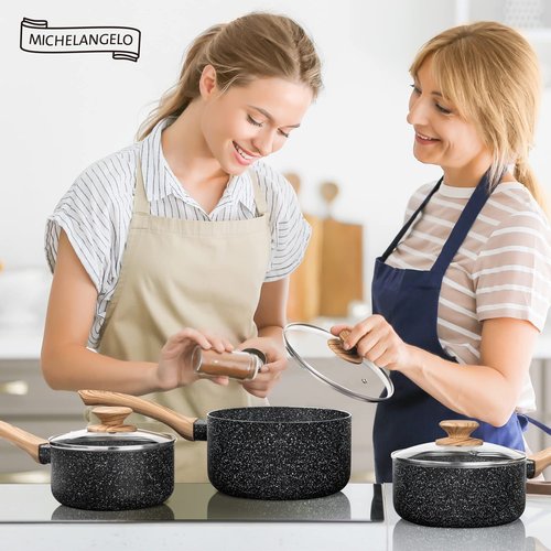MICHELANGELO Saucepan Set, 3-Piece Nonstick Sauce Pans with Lids, 1QT, 2QT, 3QT, Black Granite Stone