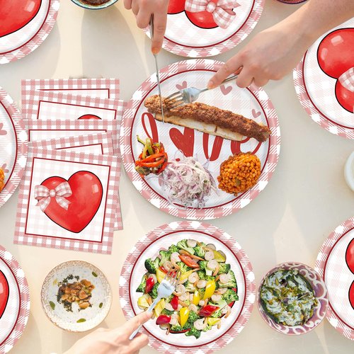 96 PCS Valentine’s Day Plates and Napkins Sets Valentine Party Dinnerware Red Heart Paper-Plates Valentines Decorations for Party,Serve 24 Guests