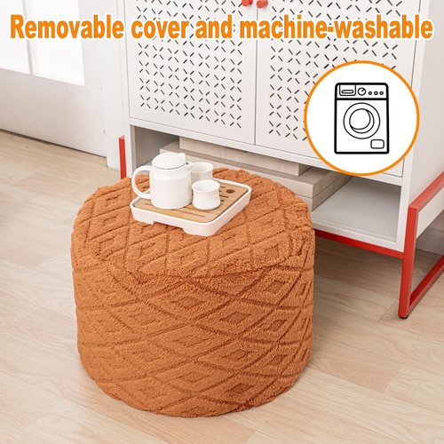 AbunHeri Fluffy Round Ottoman Pouf with All-in-One Foam Filling 20" x 14" Furry Ottoman Foot Rest Foot Stool for Living Room or Bedroom (Burnt Orange)
