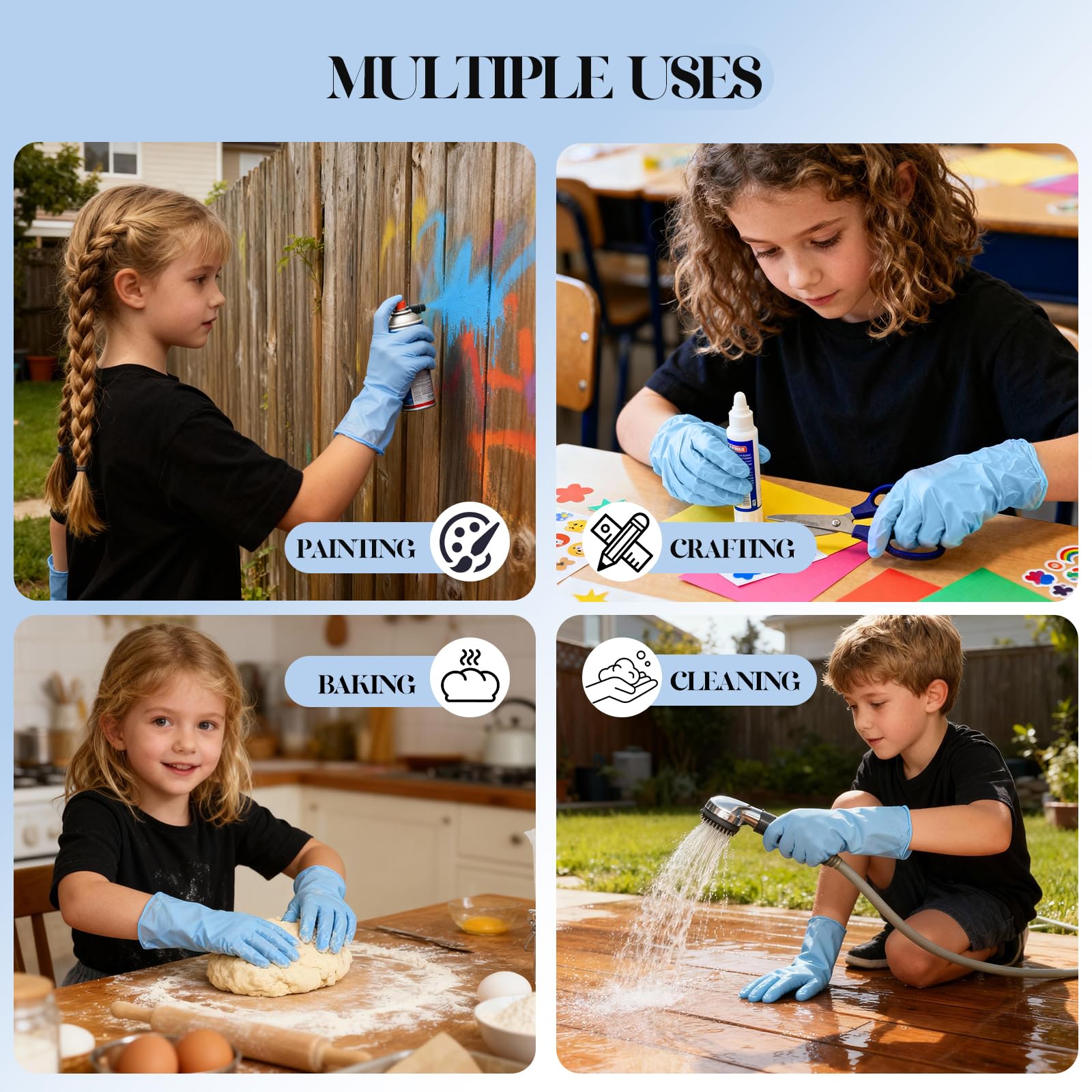 Xandoval Kids Disposable Gloves for 3-8 Years, 5Mil Blue Nitrile Gloves with Latex-Free and Powder-Free, Durable and Protective for Work, Cleaning, Cooking, Gardening (XS,100PCS)