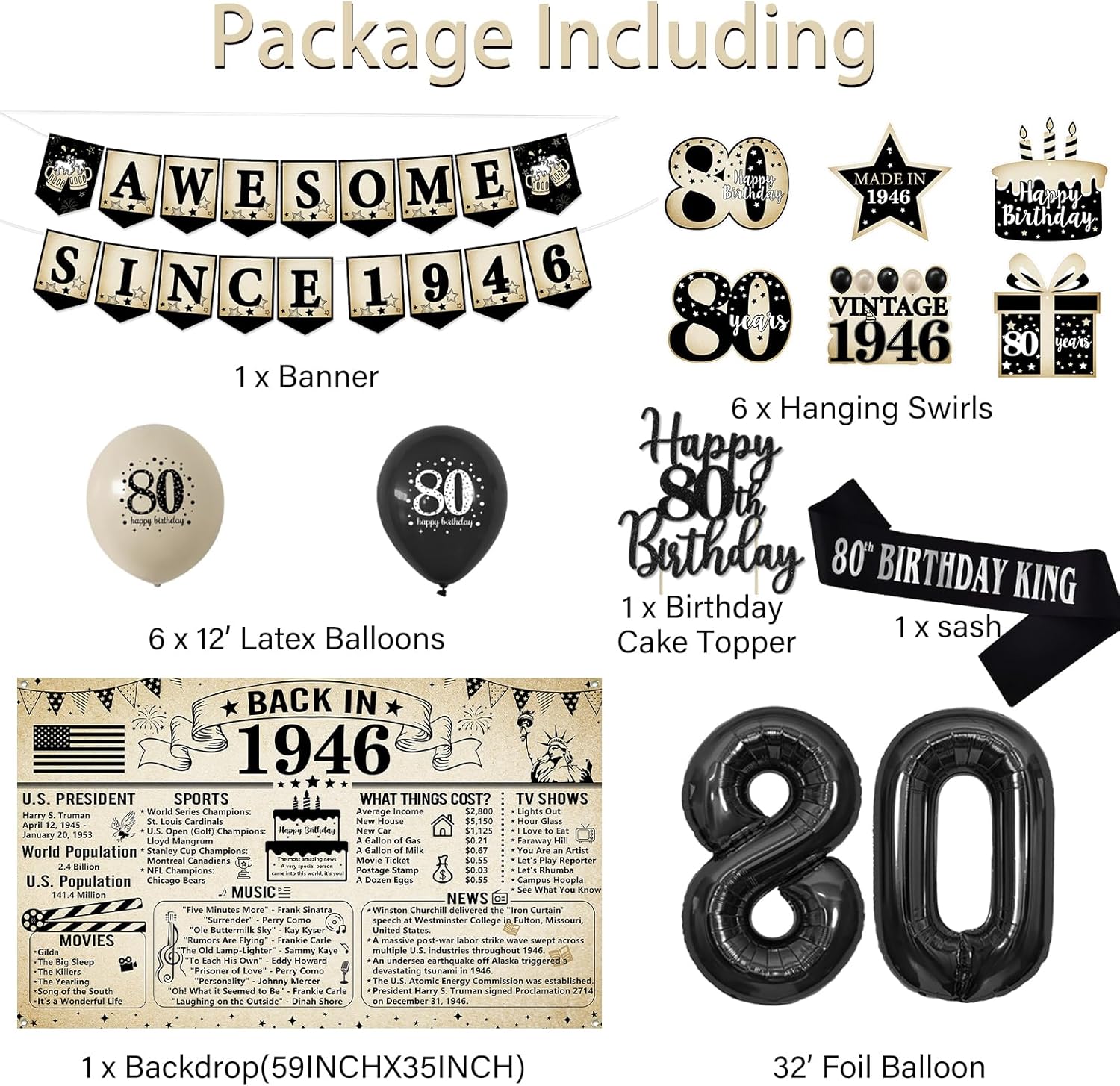 Trgowaul Vintage 80th Birthday Decorations - 1946 Party Supplies, Banner, Sash & Cake Topper Set