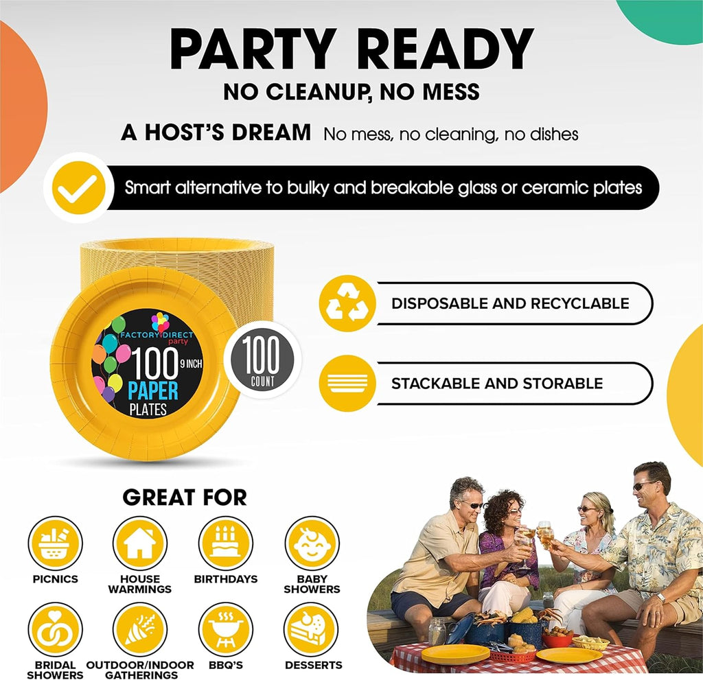 Skiennix Heavy-Duty Yellow Paper Plates - 9 Inch Disposable Party Plates | 100 Pcs, 350 GSM Quality