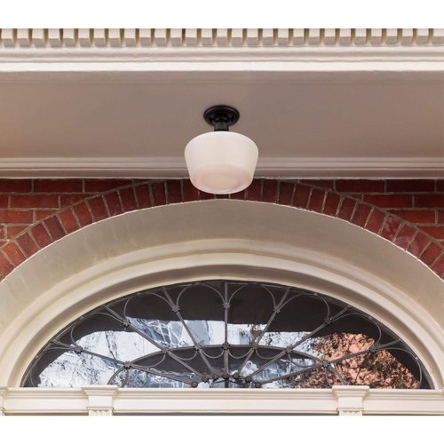 Westinghouse 6578300 Scholar 9 inch Vintage One-Light Semi-Flush Mount Outdoor Ceiling Light Fixture Textured Black Finish, White Opal Glass