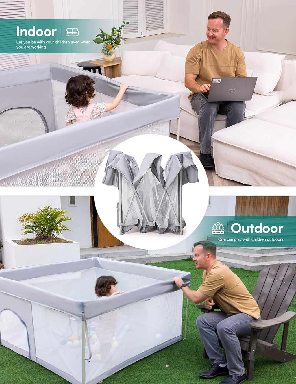 Babelio Foldable Baby Playpen - Portable 54.5" x 54.5" Playard with Mat | Indoor & Outdoor Safety Fence, Grey