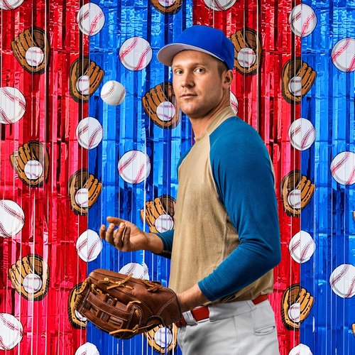 FESTFINDS 2 Pack Baseball Tinsel Foil Fringe Curtains Backdrop Party Decorations, Blue and White Red Door Streamers Banner Sports Themed Birthday Party Decor Supplies for Boys Favor