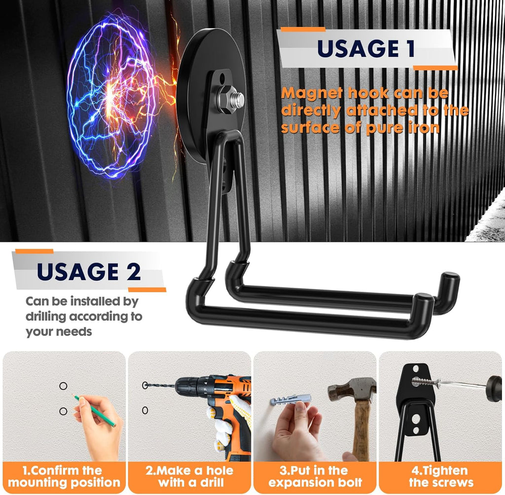 Skiennix Heavy Duty Magnetic Utility Hooks - Anti-Slip Coating for Garage & Garden Tools (Black)