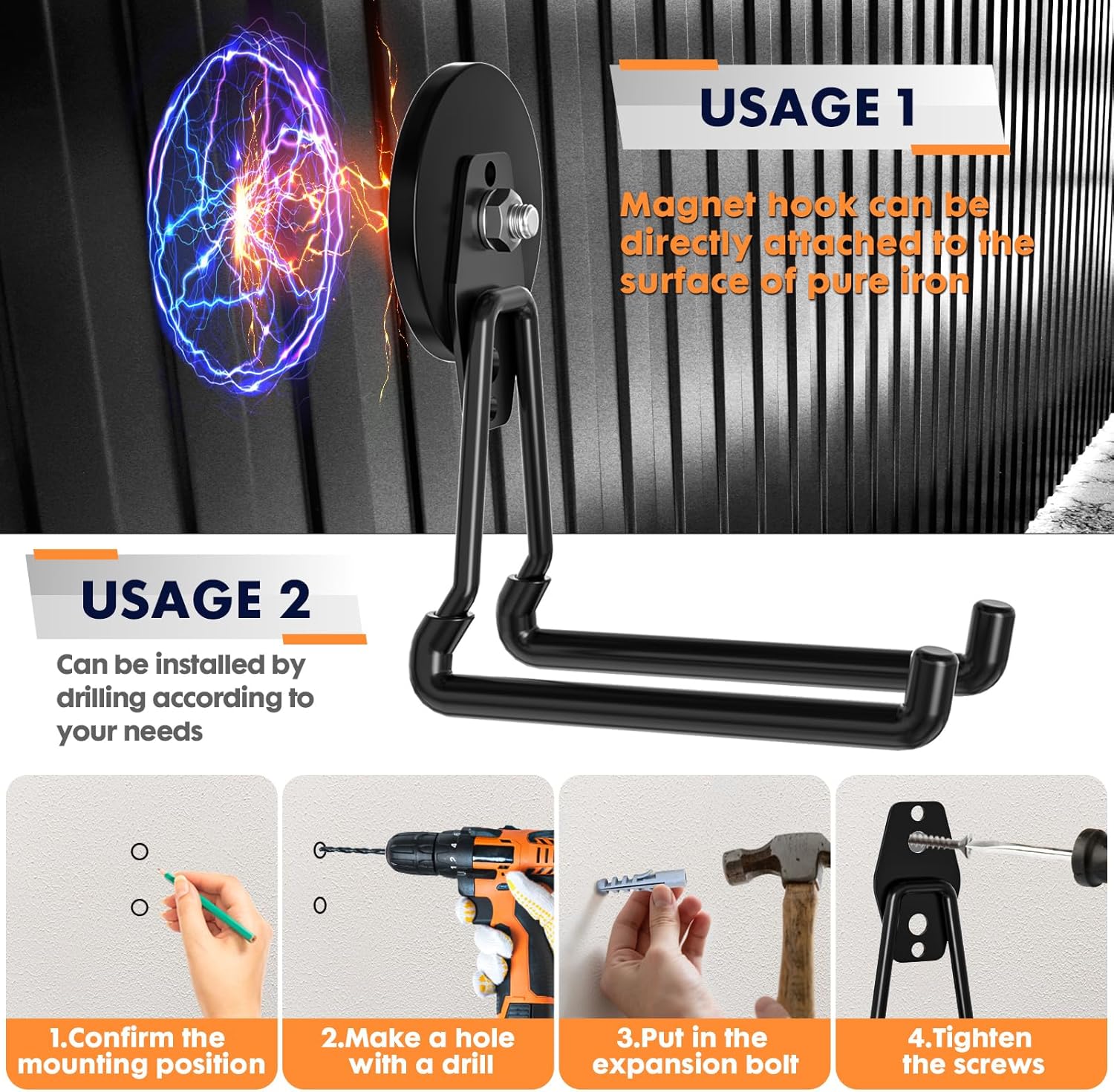 Skiennix Heavy Duty Magnetic Utility Hooks - Anti-Slip Coating for Garage & Garden Tools (Black)