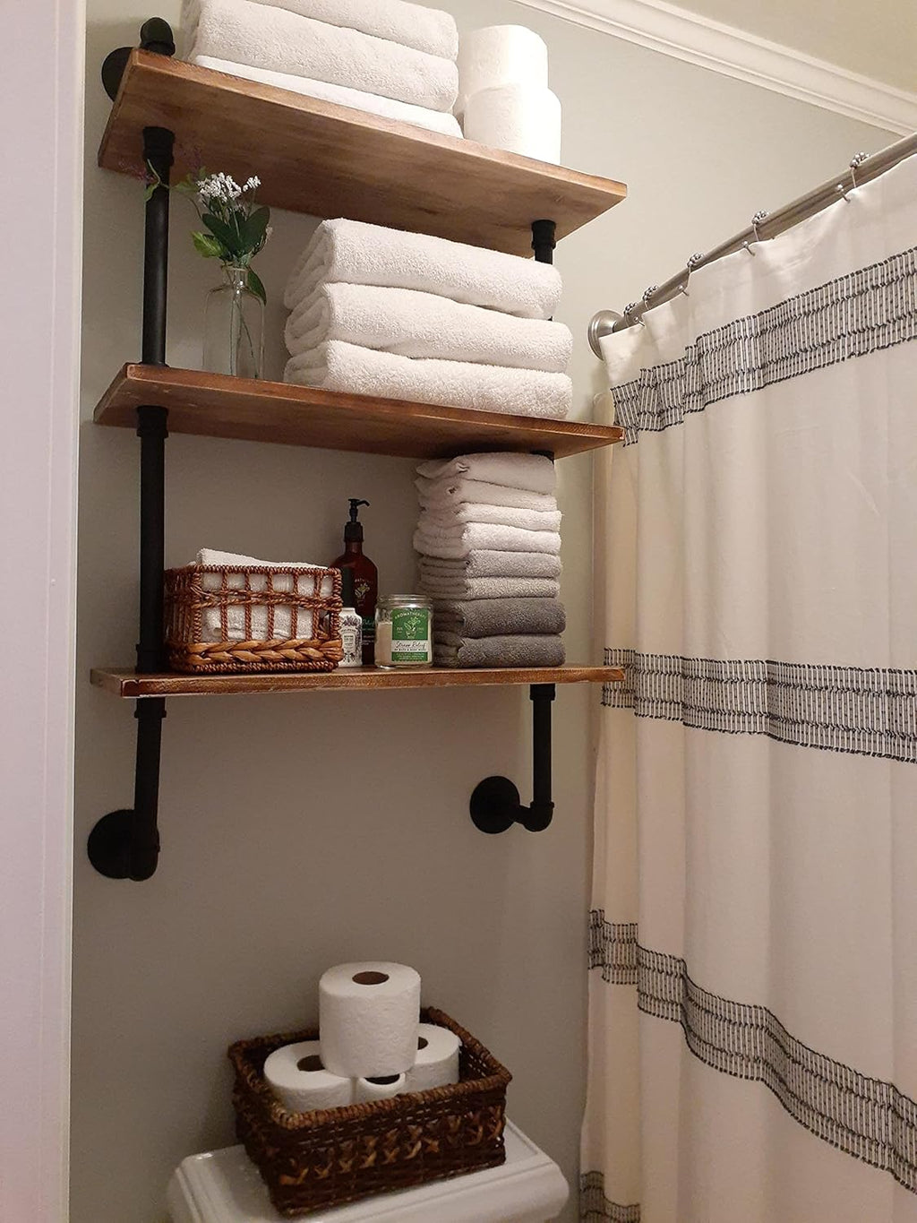 ROGMARS 3-Tier Floating Shelf - Real Pine Wood, Industrial Retro Style | 20x7.87x41.3in for Bathroom & Kitchen