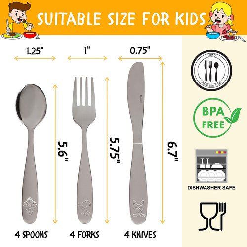 SunZio Kids Silverware Set, 18/10 Stainless Steel 12 Piece Cutlery Set with 4 Forks, 4 Spoons, 4 Small Knives, Toddler Metal Travel Utensils with Case, Child Safe Flatware, Dishwasher Safe, 1 Set