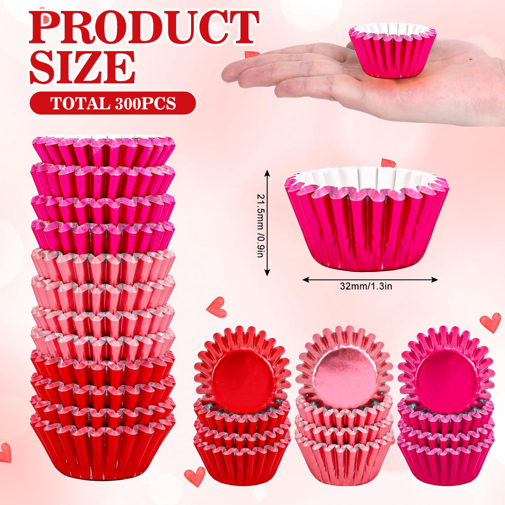 Whaline 300Pcs Valentine's Day Mini Foil Cupcake Liners Baking Cups Red Pink Gradient Foil Metallic Cupcake Wrappers Muffin Liners for Wedding Anniversary Birthday Party