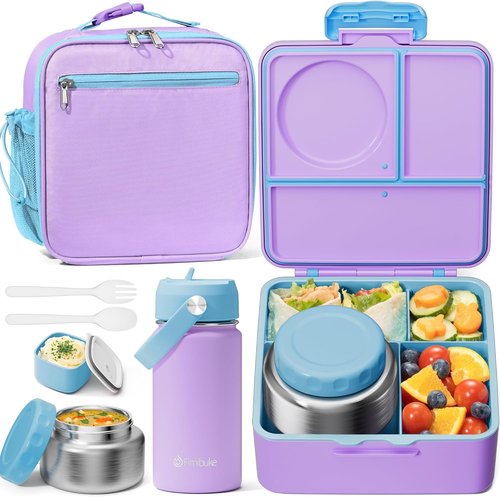 Fimibuke Kids Bento Lunch Box - Leakproof & Insulated Food Jar with Lunch Bag & Water Bottle | 3-4 Compartment Design