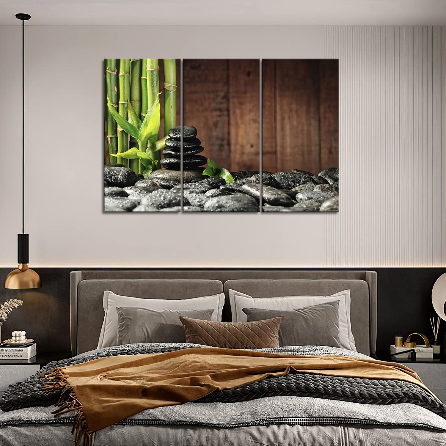 3 Panel Zen Wall Art Bamboo Canvas Green Spa Wooden Background Painting Pictures Print On Canvas Botanical Picture for Modern Decoration Ready To Hang