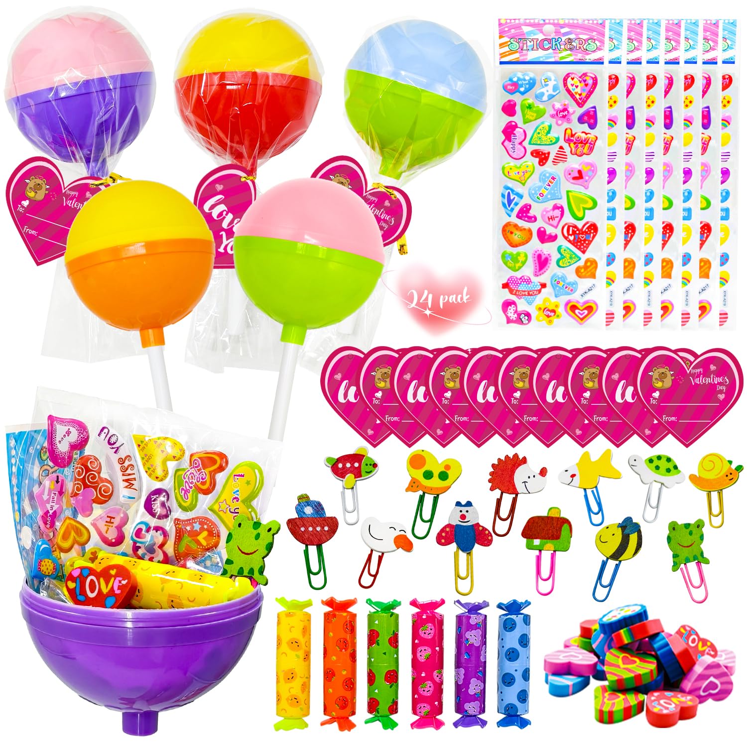 UMEELR 24Pack Lollipop Stationery Set with Heart Cards Highlighter Stickers Cartoon Paperclip Erasers for School Class Prize Easter Basket Stuffers, Easter Egg Hunt