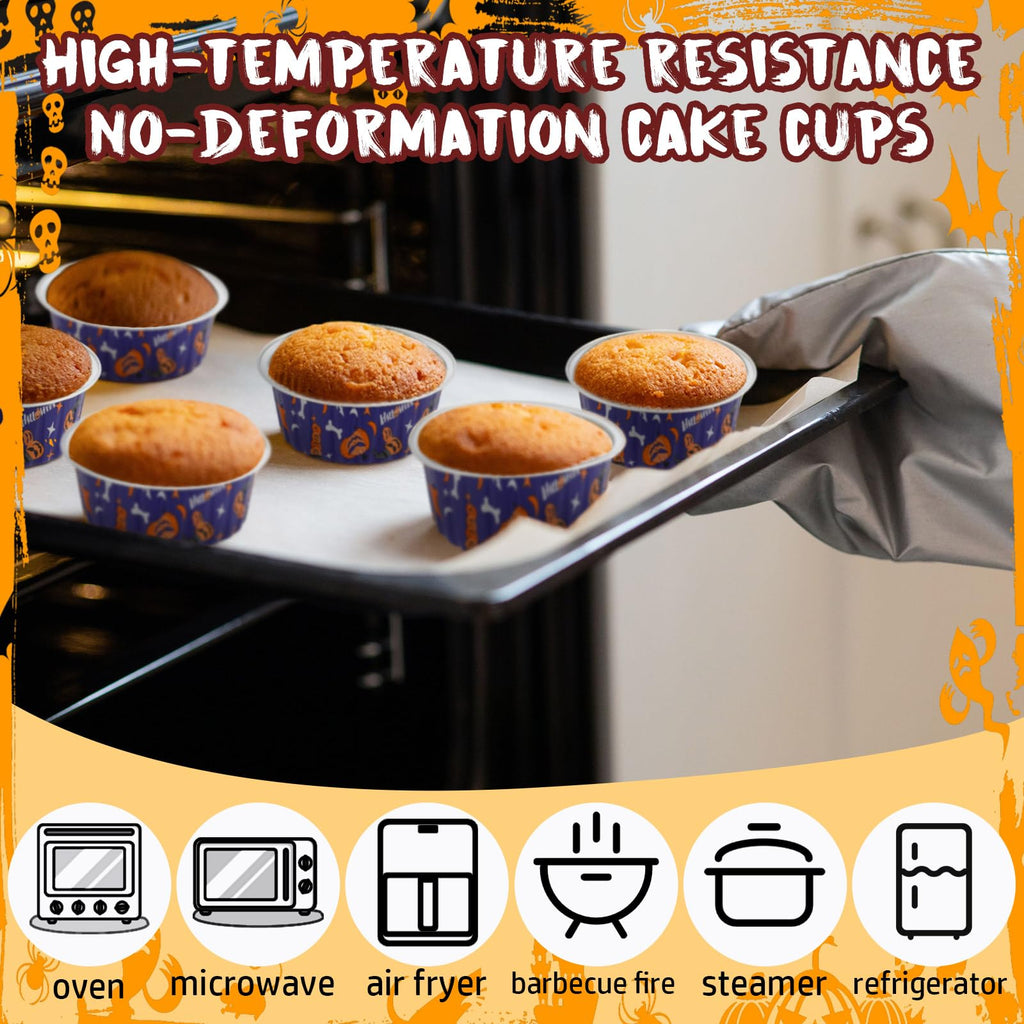 Teenyyou 100 Pcs Halloween Mini Aluminum Foil Cupcake Baking Cups with Lids 5 oz Baking Liner Cups Cupcake Containers Pans or Halloween Party Wedding Birthday Party (Round)
