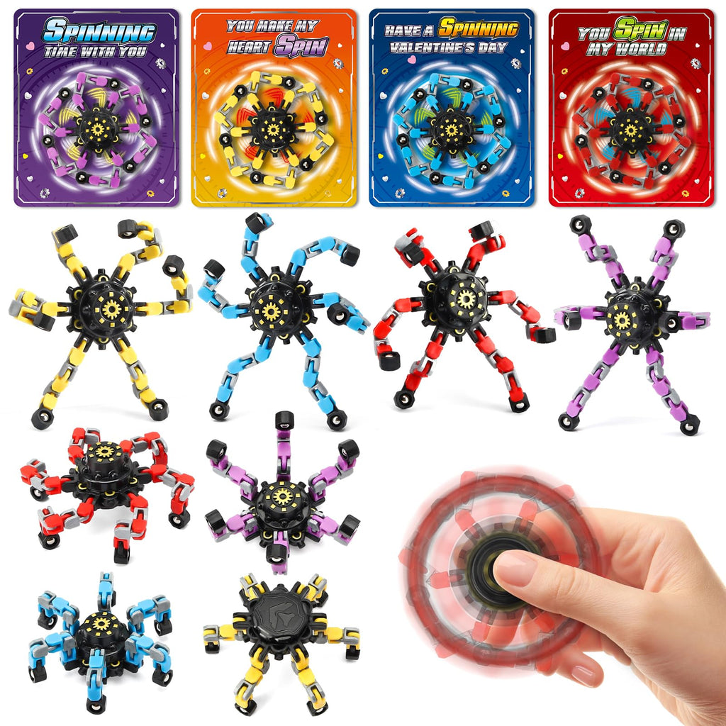 Valentines Day Cards for Kids School, 24 Pack Valentines Cards with Spinner Fidget Toys, Deformable DIY Robot Finger Toy Gifts for Kids Classroom Exchange, Valentines Party Favors Prizes for Kid