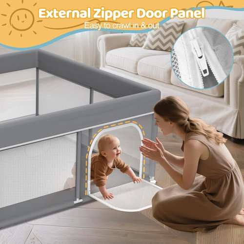 Grey Baby Playpen - Full Cover Anti-Collision Cloth Playard | 64"x64" Modern Safety Center for Infants
