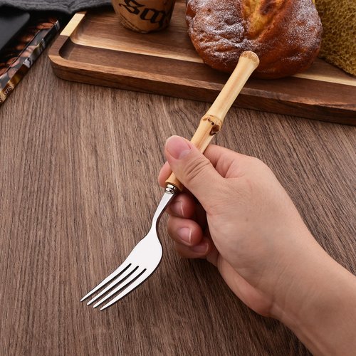 Uniturcky 50PCS Silverware Set for 10, Bamboo Handle Flatware Set, Stainless Steel Cutlery Set for Home Restaurant and Party, Bamboo Forks Spoons and Knives Set, Polished Tableware