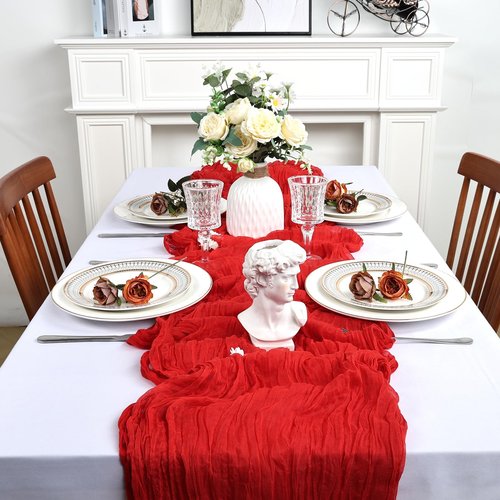 8 Pack Red Valentine's Day Table Runner Cheesecloth 10Ft Gauze Cheese Cloth Table Runner 120 Inch Boho Sheer Rustic Fabric for Party Decor Baby Shower Wedding Holiday Decorations