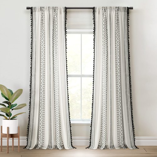 Lush Decor Hygge Boho Stripe Tassel Window Curtain Panel Pair, 52" W x 84" L, Black & White