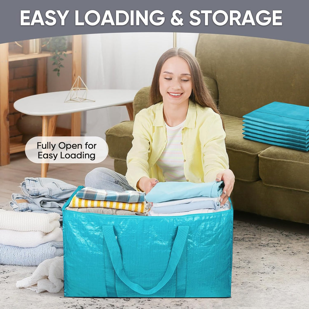 TICONN Extra Large Moving Bags - Heavy Duty with Zippers & Handles | Durable Storage Solution (8 Pack, Aqua)