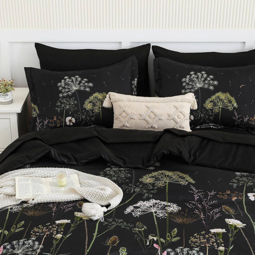 Yiran Queen Comforter Set, 7 Piece Black Dandelion Floral Comforter Bedding Set, Winter Bed in a Bag Queen, Soft Microfiber Complete Bedding Set with Sheets for All Season