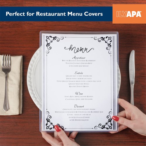 Ilyapa 30 Pack of Menu Covers 8.5 x 11 Inches - Single Page, 2 View - Restaurant Menu Covers, Double Stitched Sleeves, Two Clear Viewing Surfaces