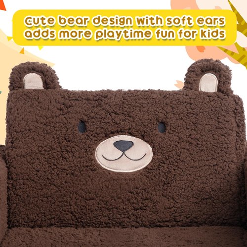 ALIMORDEN Fold Out Toddler Couch, Comfy 2-in-1 Cuddly Sherpa Bear Chair for Kids, Convertible Sofa to Lounger, Kids Cozy Corner Play Couch for Boys and Girls, Chocolate