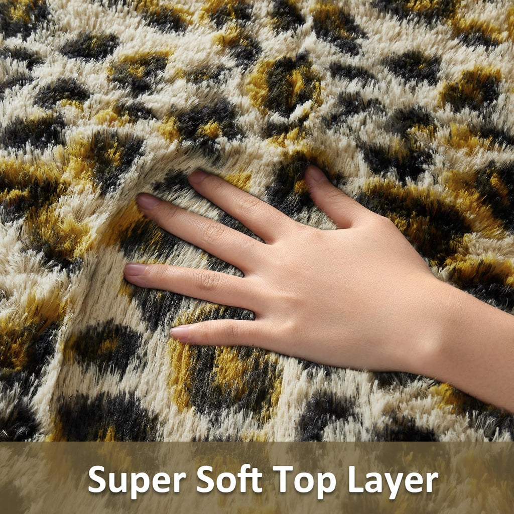 Ophanie Leopard Print 4x6 Area Rug - Fluffy Shag Soft Plush Carpet for Bedroom & Nursery Decor