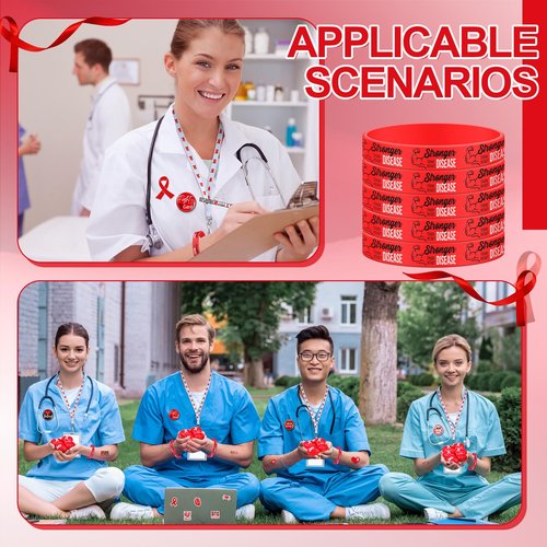 Hollowfly 400 Pcs Red Ribbon Heart Health Awareness Item Includes Ribbon Awareness Silicone Wristband Key Chain Pencil Cutout Lanyards Button Pin Sticker for Charity Fundraising Party Supply
