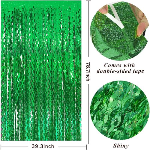 Green Tinsel Foil Fringe Curtains - Metallic Wavy Backdrop for Parties & Photo Booths