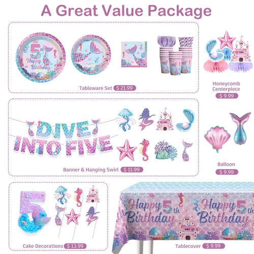 191pcs Dive into 5 Birthday Decorations Girl-Serves 25, All-in-One Mermaid 5th Birthday Decorations with 350gsm Plates, Tablecloth, Centerpiece,Balloon, Banner, Mermaid Candle 5, Etc