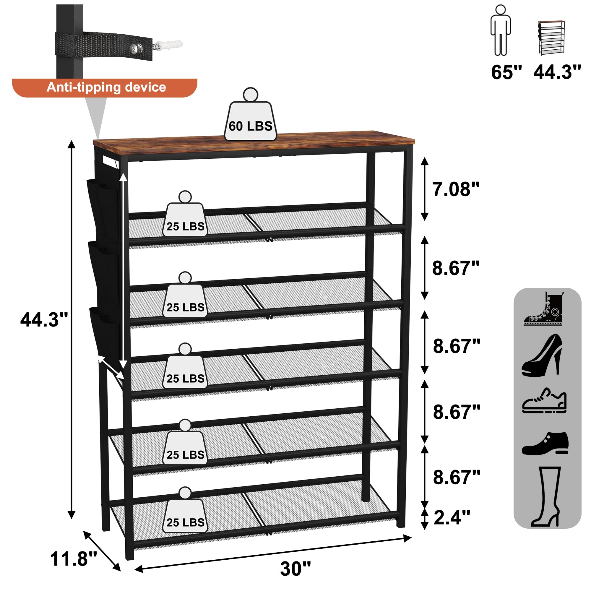 HOMEFORT 6 Tiers Shoe Rack for Entryway,30" Shoe Storage Shelf for Closet, Shoe Organizer with Adjustable Mesh Shelves, for 18-24 Pairs of Shoes, Industrial Shoe Stand with Side Pocket,Rustic Brown