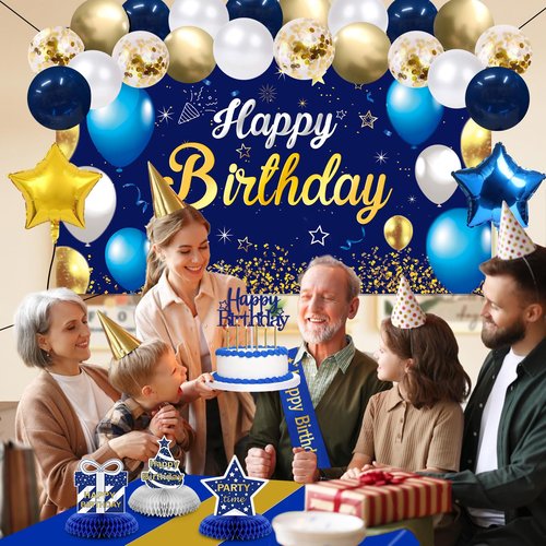 Birthday Decorations Navy Blue Gold - Happy Birthday Banner, Sash, Balloons, Tablecloth, Cake Topper, Candles,Table Decorations - 35pcs Party Decor for Men and Boys